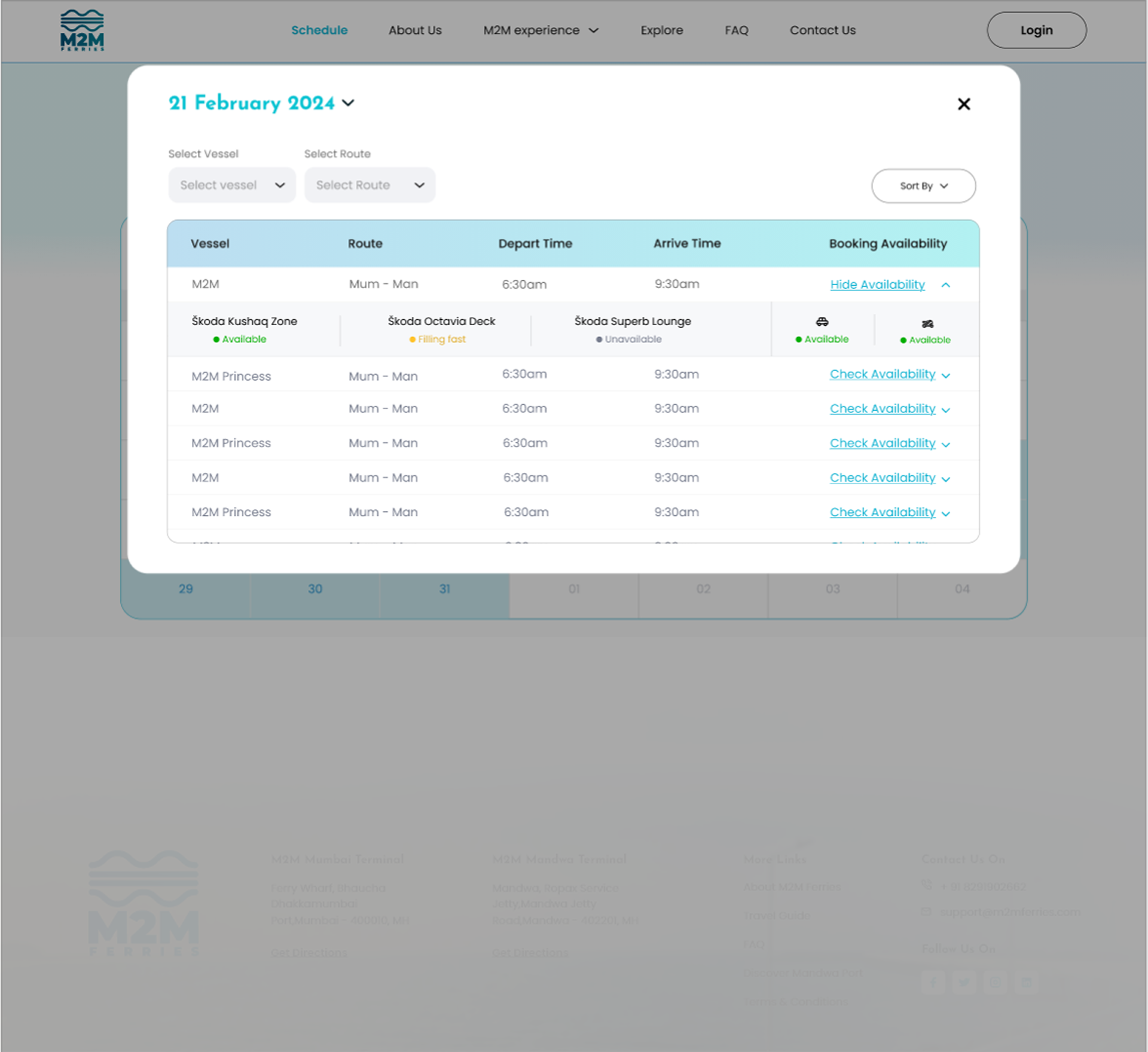 Mockup showing available trips for a selected date